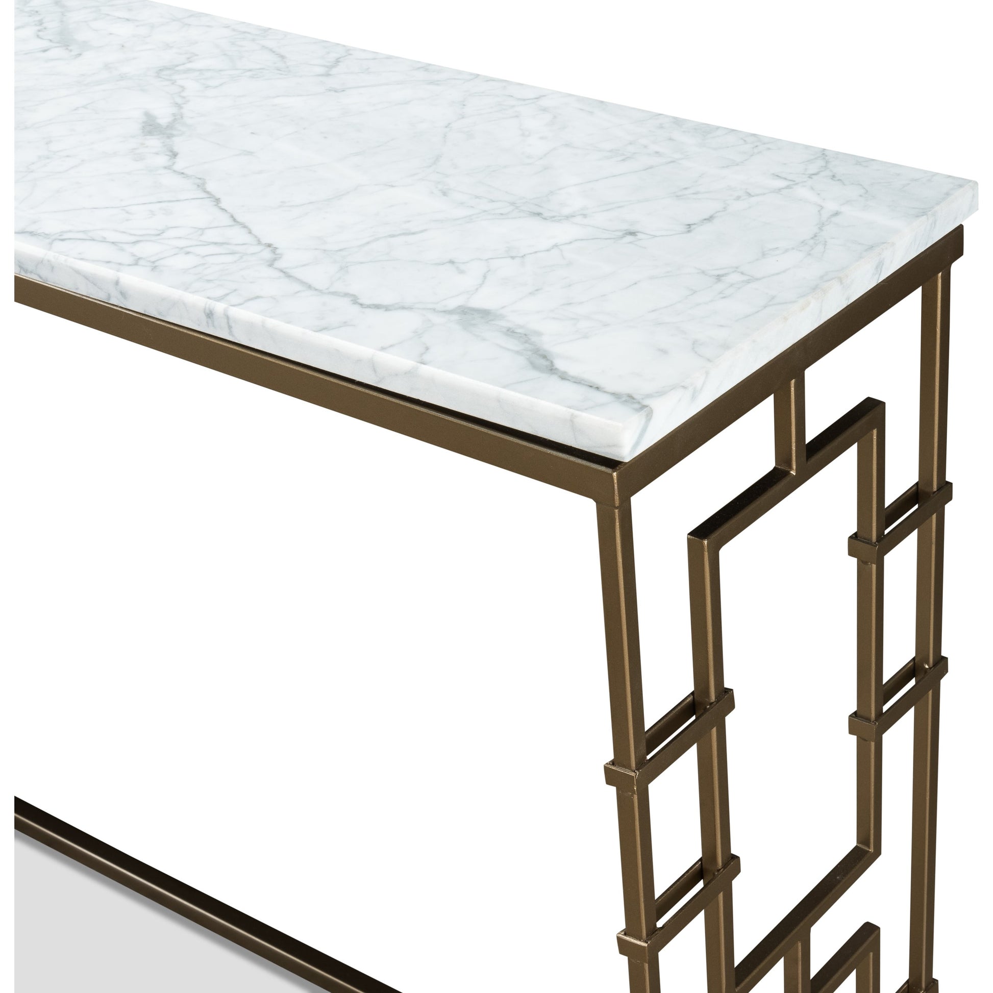 Brass Gate White Marble Console Table by Sarreid Ltd. in white and marble:white background/grey veins. Made from marble, iron in a transitional style.