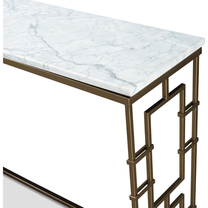 Brass Gate White Marble Console Table by Sarreid Ltd. in white and marble:white background/grey veins. Made from marble, iron in a transitional style.