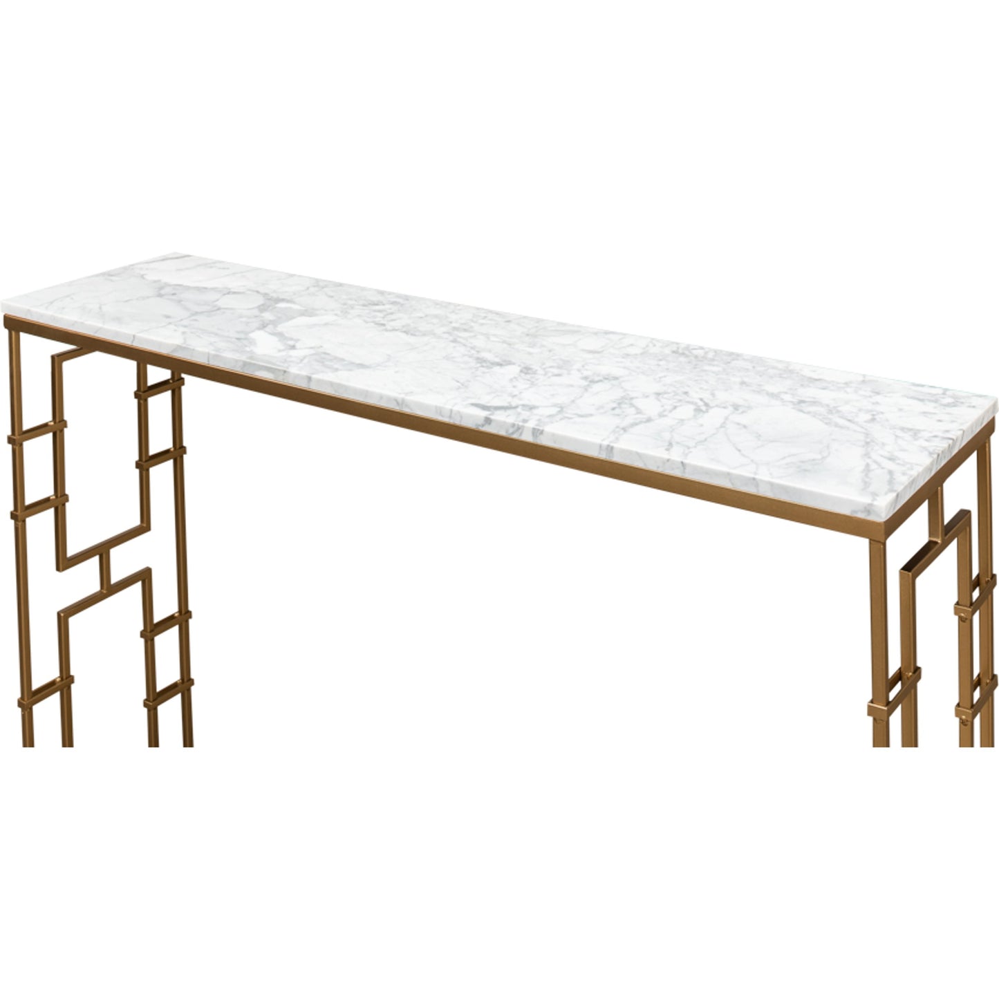 006 SR-857489 | Closeup | Brass Gate White Marble Console Table by Sarreid Ltd. in white and marble:white background/grey veins. Made from marble, iron in a transitional style.