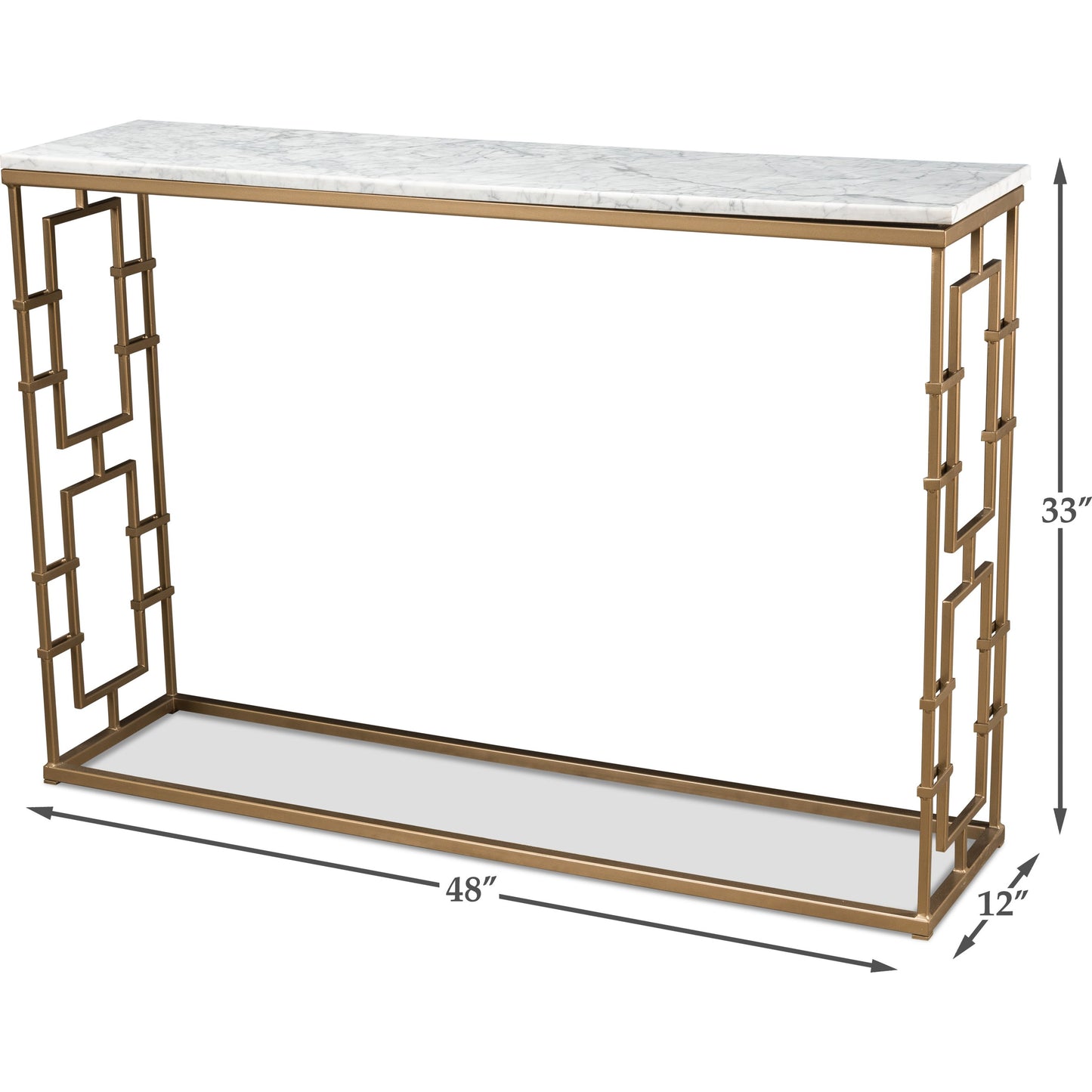 004 SR-857489 | Additional Silo | Brass Gate White Marble Console Table by Sarreid Ltd. in white and marble:white background/grey veins. Made from marble, iron in a transitional style.