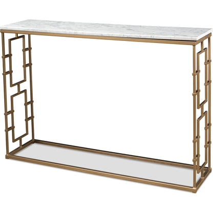 Brass Gate White Marble Console Table by Sarreid Ltd. in white and marble:white background/grey veins. Made from marble, iron in a transitional style.