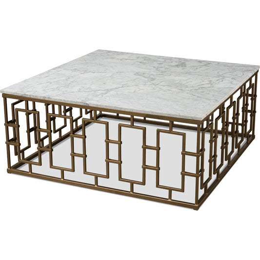 Brass Gate White Marble Cocktail Table by Sarreid Ltd. in white and marble:white background/grey veins. Made from marble, iron in a transitional style.