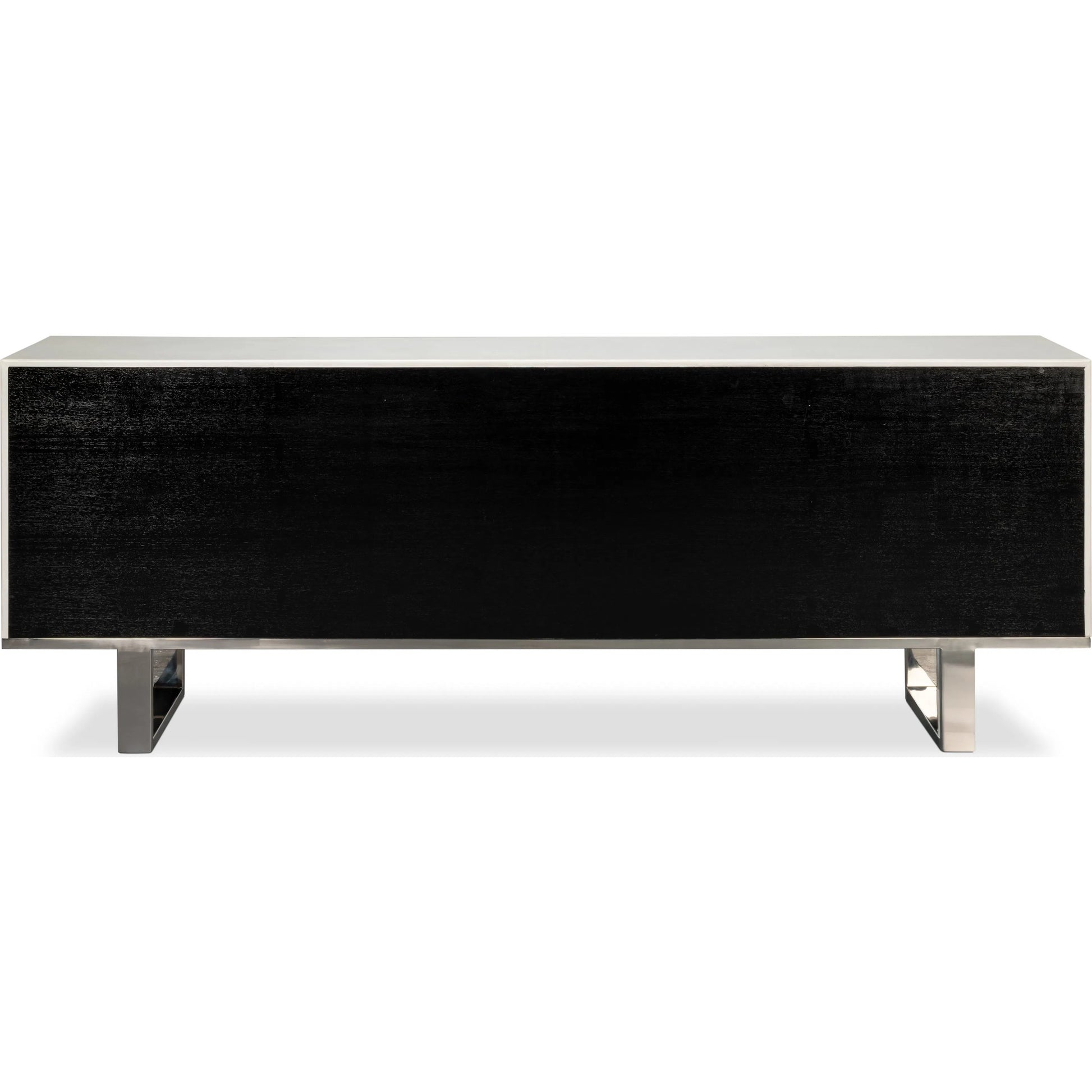 Bronzini Credenza by Sarreid Ltd. in white. Made from leather covered mdf, iron base, embossed white leather in a unique style.