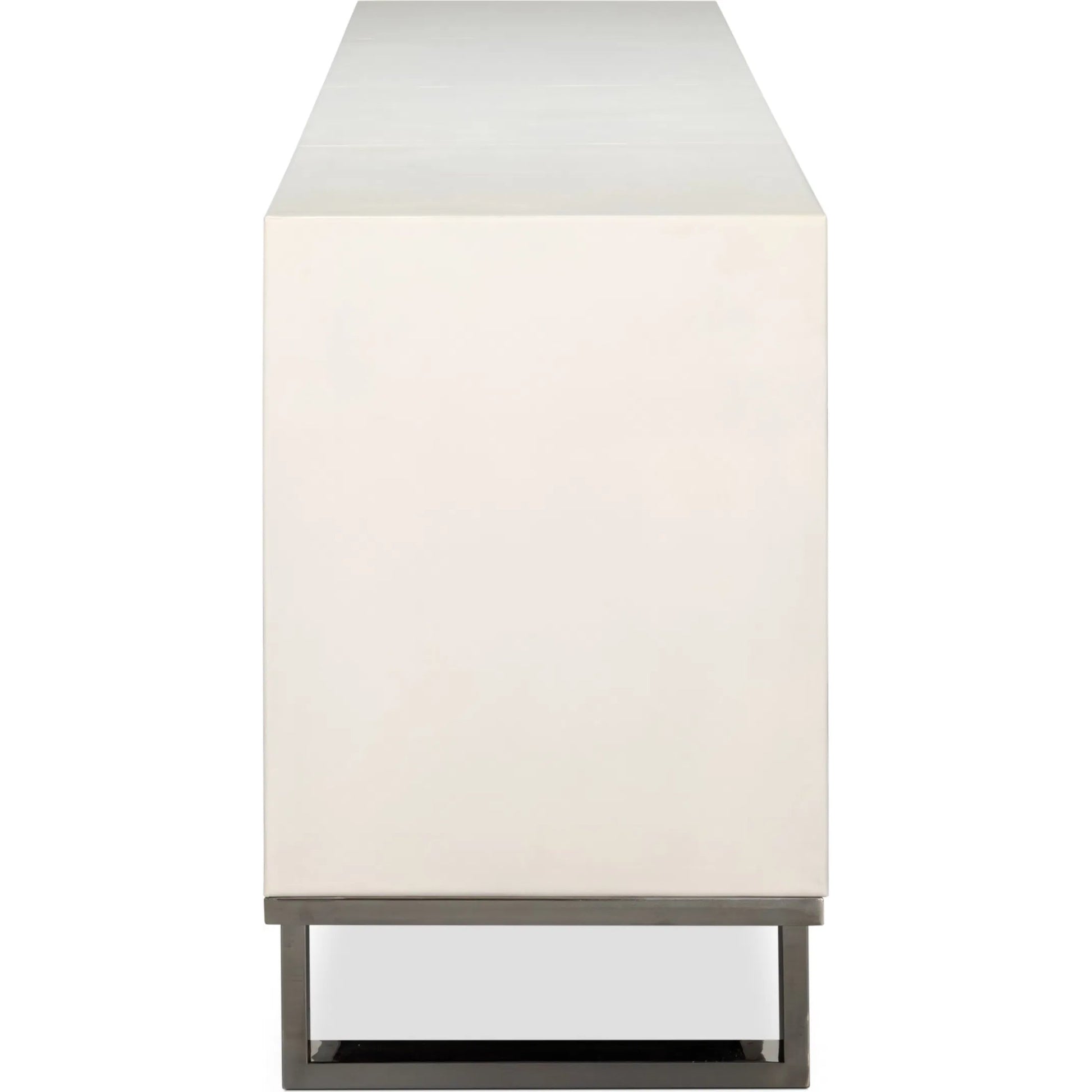 Bronzini Credenza by Sarreid Ltd. in white. Made from leather covered mdf, iron base, embossed white leather in a unique style.