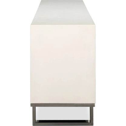 Bronzini Credenza by Sarreid Ltd. in white. Made from leather covered mdf, iron base, embossed white leather in a unique style.