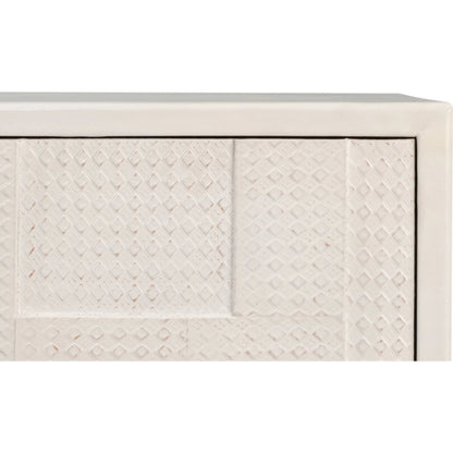 Bronzini Credenza by Sarreid Ltd. in white. Made from leather covered mdf, iron base, embossed white leather in a unique style.