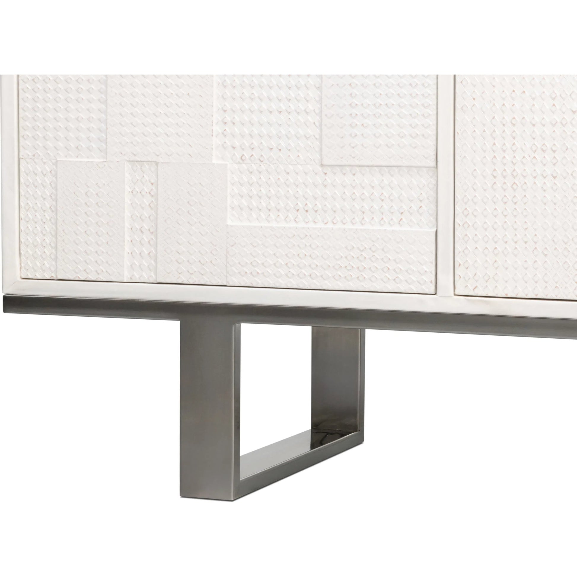Bronzini Credenza by Sarreid Ltd. in white. Made from leather covered mdf, iron base, embossed white leather in a unique style.