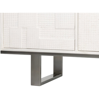 Bronzini Credenza by Sarreid Ltd. in white. Made from leather covered mdf, iron base, embossed white leather in a unique style.