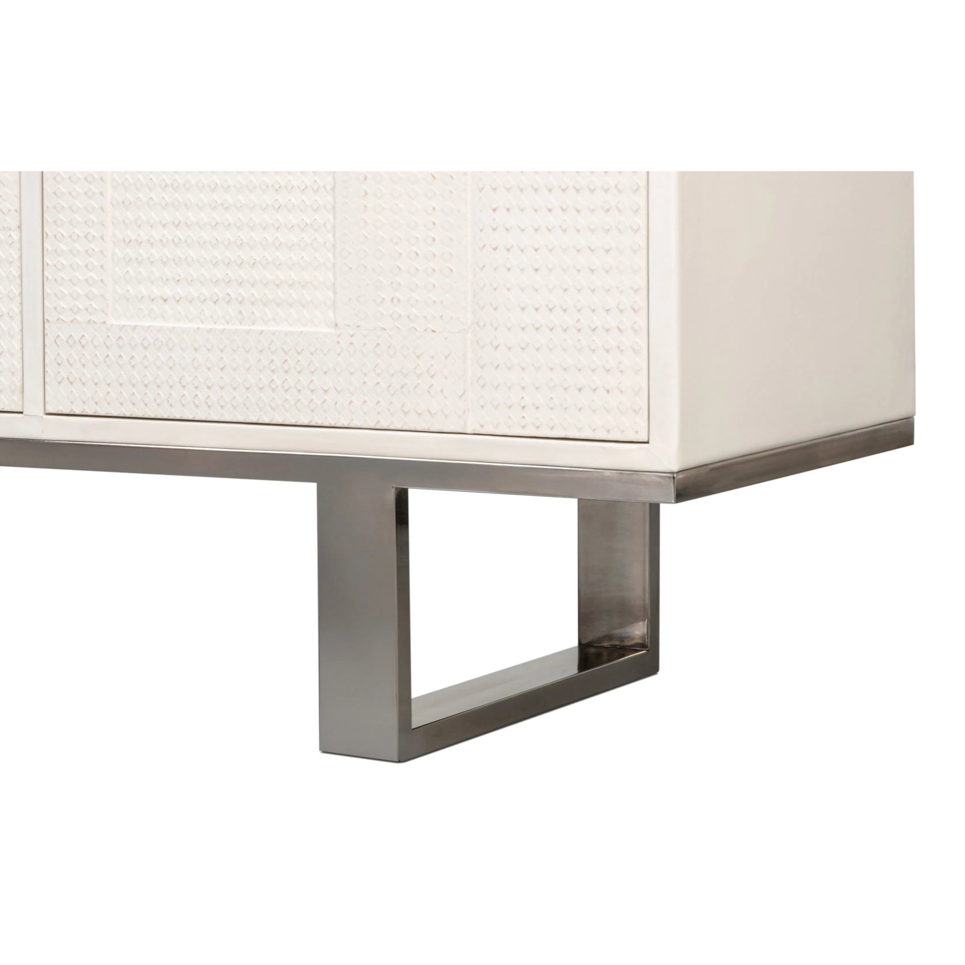 Bronzini Credenza by Sarreid Ltd. in white. Made from leather covered mdf, iron base, embossed white leather in a unique style.