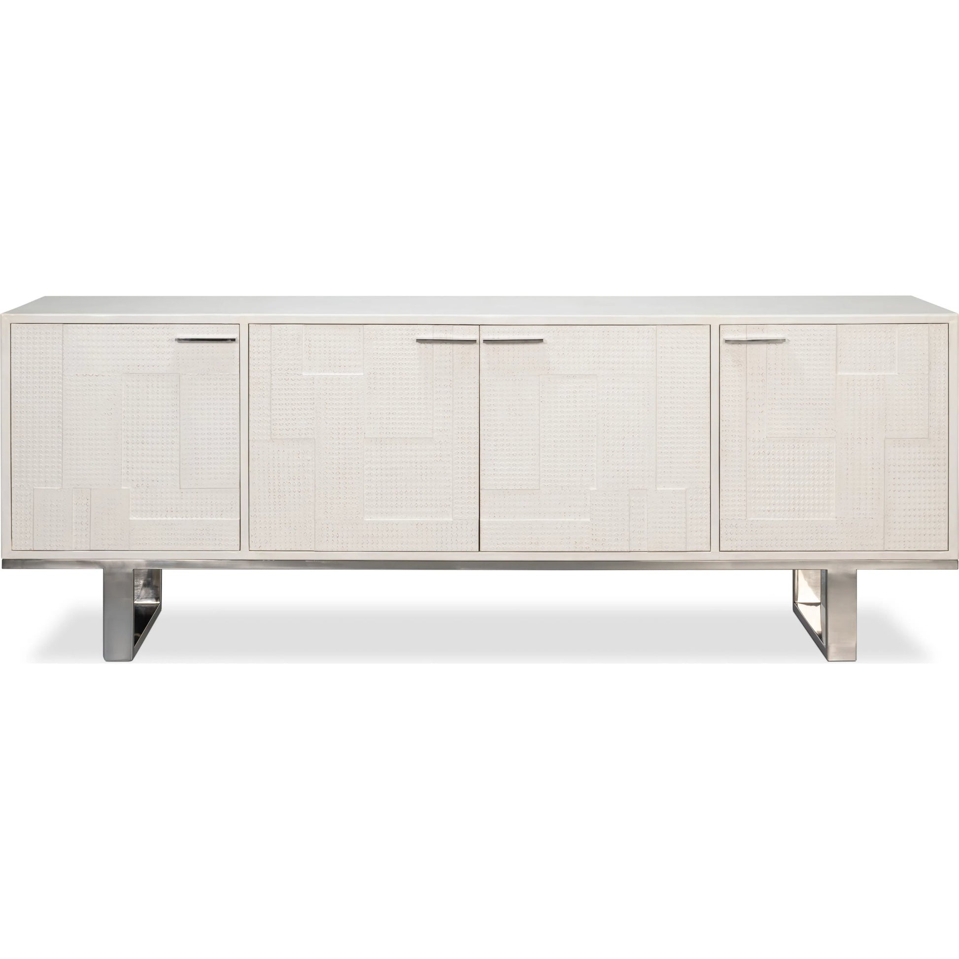 Bronzini Credenza by Sarreid Ltd. in white. Made from leather covered mdf, iron base, embossed white leather in a unique style.