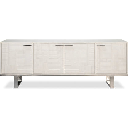 Bronzini Credenza by Sarreid Ltd. in white. Made from leather covered mdf, iron base, embossed white leather in a unique style.