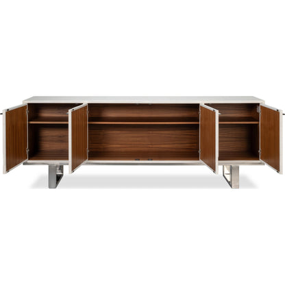 Bronzini Credenza by Sarreid Ltd. in white. Made from leather covered mdf, iron base, embossed white leather in a unique style.