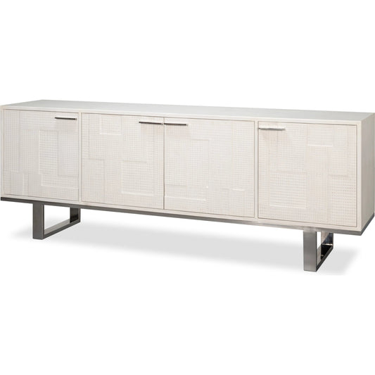 Bronzini Credenza by Sarreid Ltd. in white. Made from leather covered mdf, iron base, embossed white leather in a unique style.