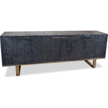Bronzini Credenza by Sarreid Ltd. in gray and embossed grey/blue leather. Made from mdf, leather, iron in a modern style.