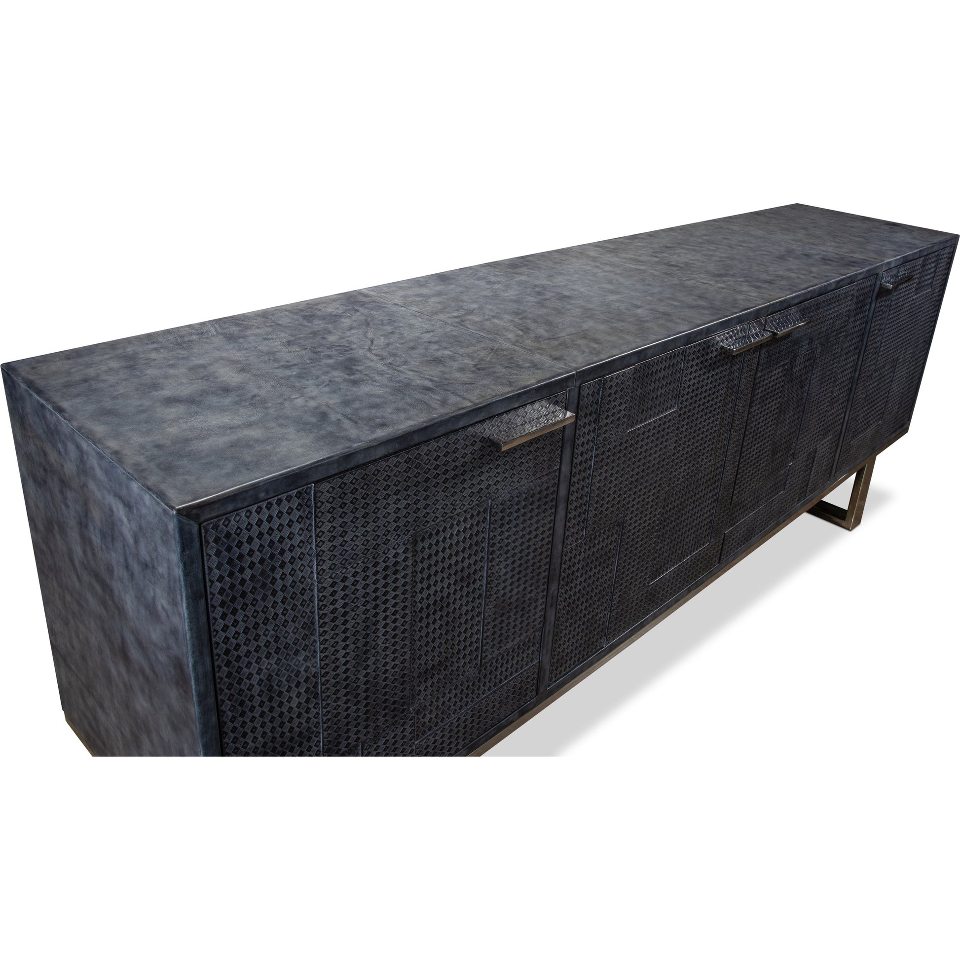 Bronzini Credenza by Sarreid Ltd. in gray and embossed grey/blue leather. Made from mdf, leather, iron in a modern style.