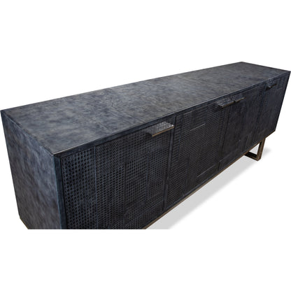 Bronzini Credenza by Sarreid Ltd. in gray and embossed grey/blue leather. Made from mdf, leather, iron in a modern style.