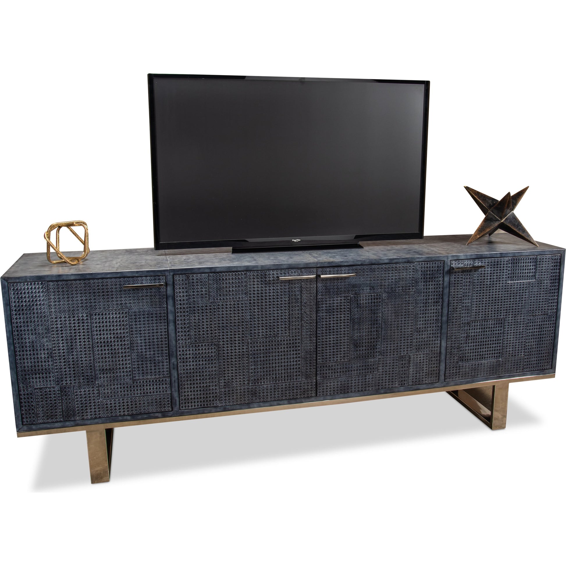 Bronzini Credenza by Sarreid Ltd. in gray and embossed grey/blue leather. Made from mdf, leather, iron in a modern style.