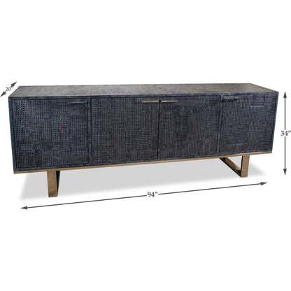 Bronzini Credenza by Sarreid Ltd. in gray and embossed grey/blue leather. Made from mdf, leather, iron in a modern style.