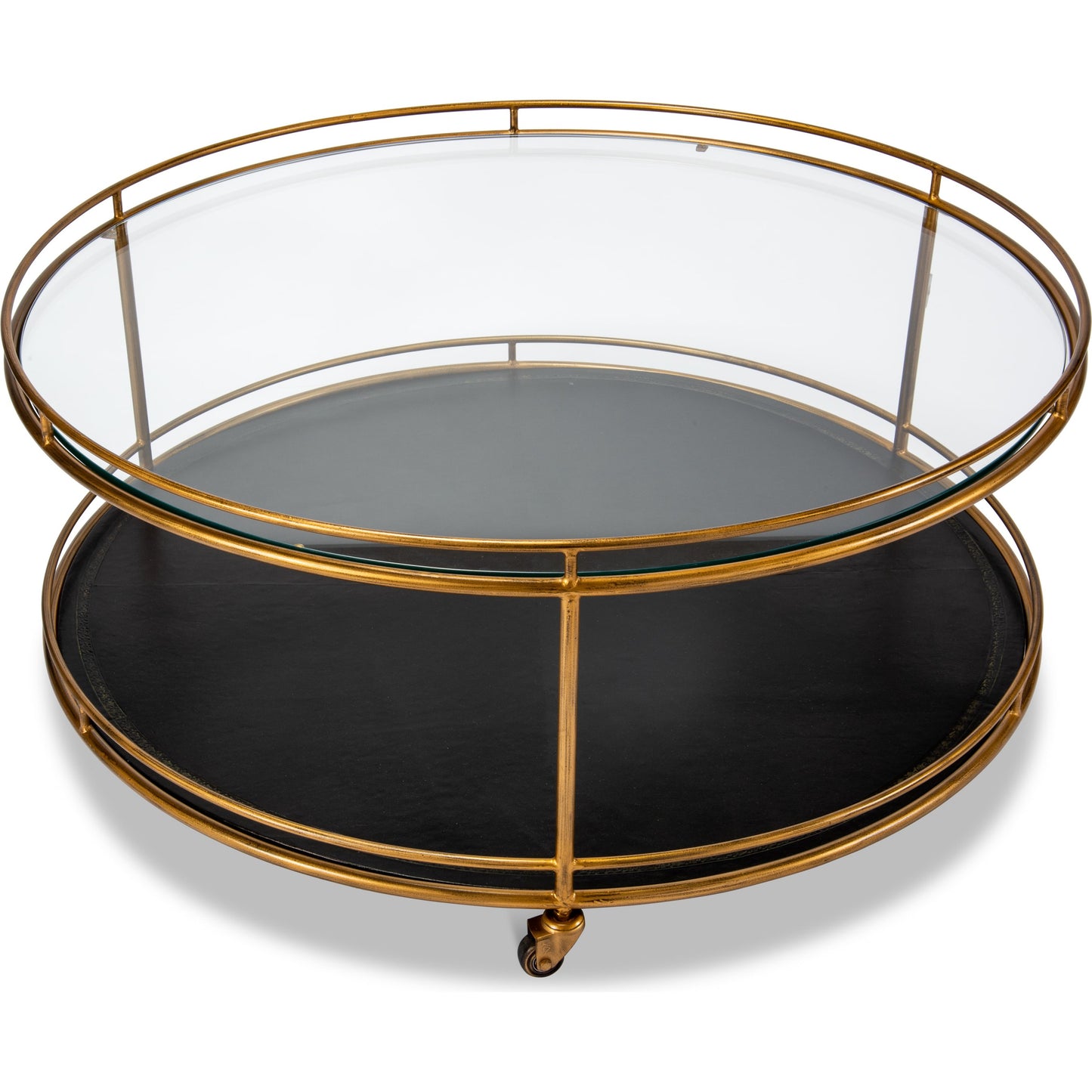 002 SR-858244 | Additional Silo | Trolley Cocktail Table by Sarreid Ltd. in gold and top shelf glass lower shelf leathr. Made from glass, metal in a transitional style.