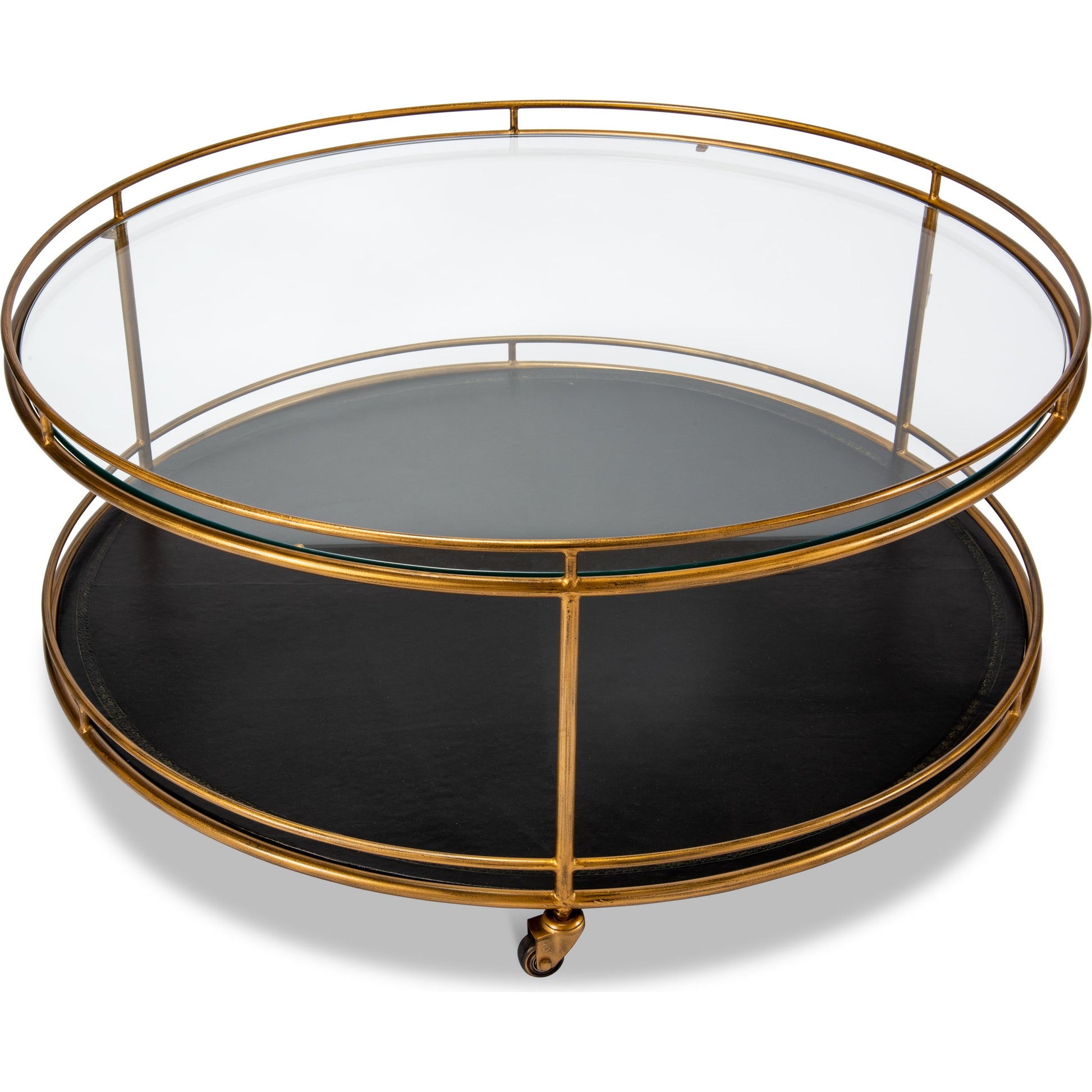 Trolley Cocktail Table by Sarreid Ltd. in gold and top shelf glass lower shelf leathr. Made from glass, metal in a transitional style.