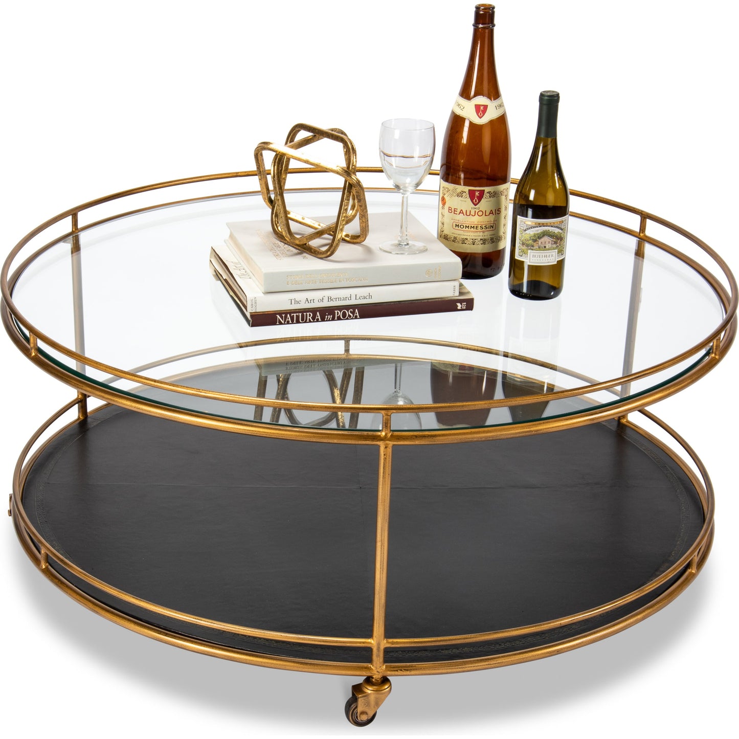 003 SR-858244 | Additional Silo | Trolley Cocktail Table by Sarreid Ltd. in gold and top shelf glass lower shelf leathr. Made from glass, metal in a transitional style.