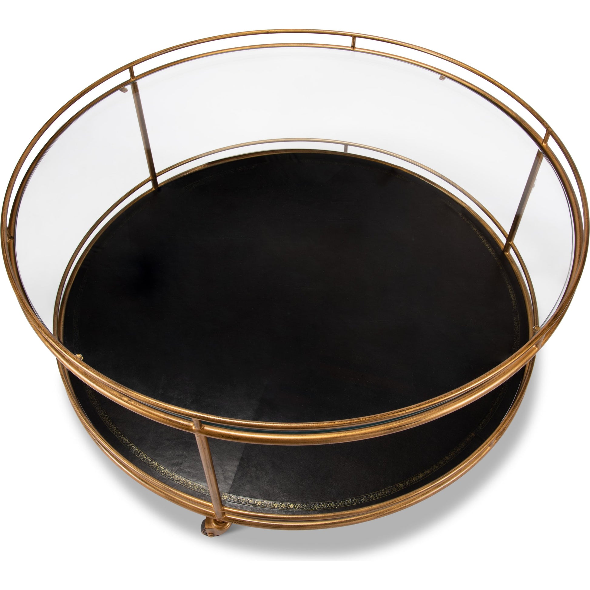 Trolley Cocktail Table by Sarreid Ltd. in gold and top shelf glass lower shelf leathr. Made from glass, metal in a transitional style.