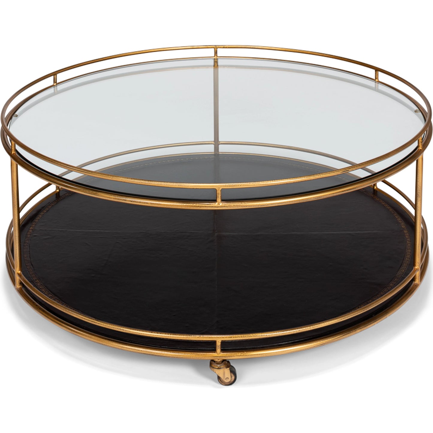 005 SR-858244 | Additional Silo | Trolley Cocktail Table by Sarreid Ltd. in gold and top shelf glass lower shelf leathr. Made from glass, metal in a transitional style.