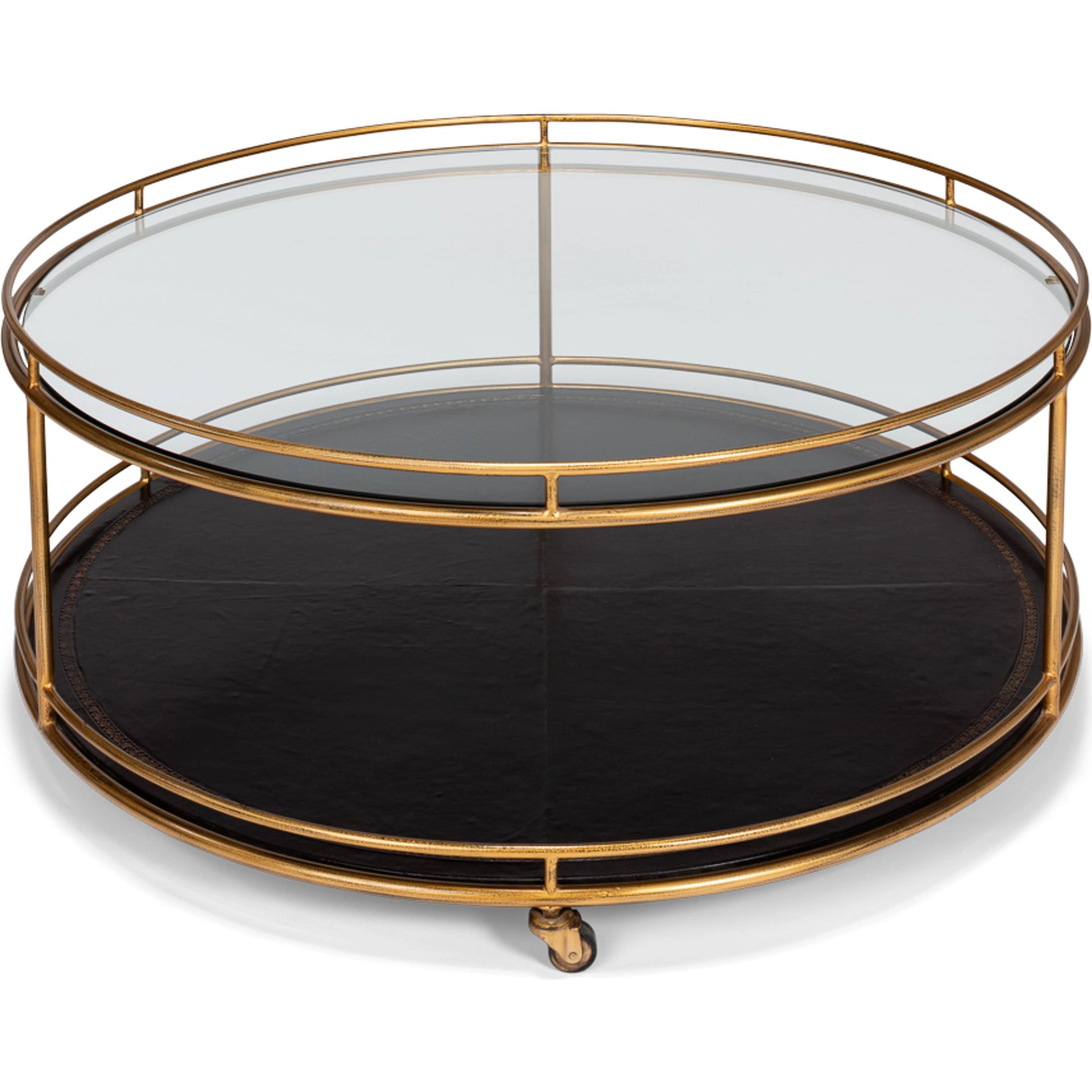 Trolley Cocktail Table by Sarreid Ltd. in gold and top shelf glass lower shelf leathr. Made from glass, metal in a transitional style.