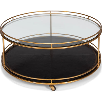 Trolley Cocktail Table by Sarreid Ltd. in gold and top shelf glass lower shelf leathr. Made from glass, metal in a transitional style.