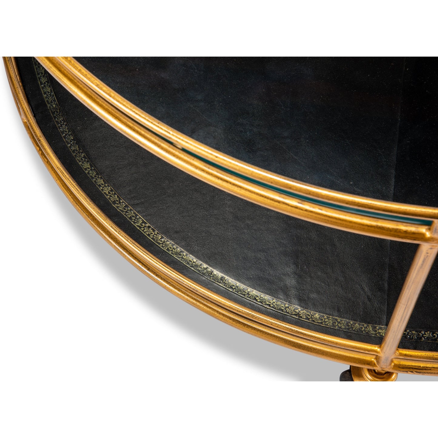 006 SR-858244 | Closeup | Trolley Cocktail Table by Sarreid Ltd. in gold and top shelf glass lower shelf leathr. Made from glass, metal in a transitional style.