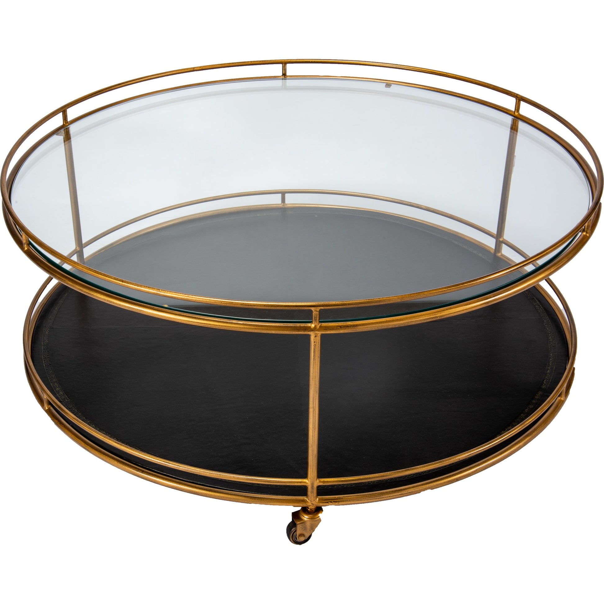 Trolley Cocktail Table by Sarreid Ltd. in gold and top shelf glass lower shelf leathr. Made from glass, metal in a transitional style.