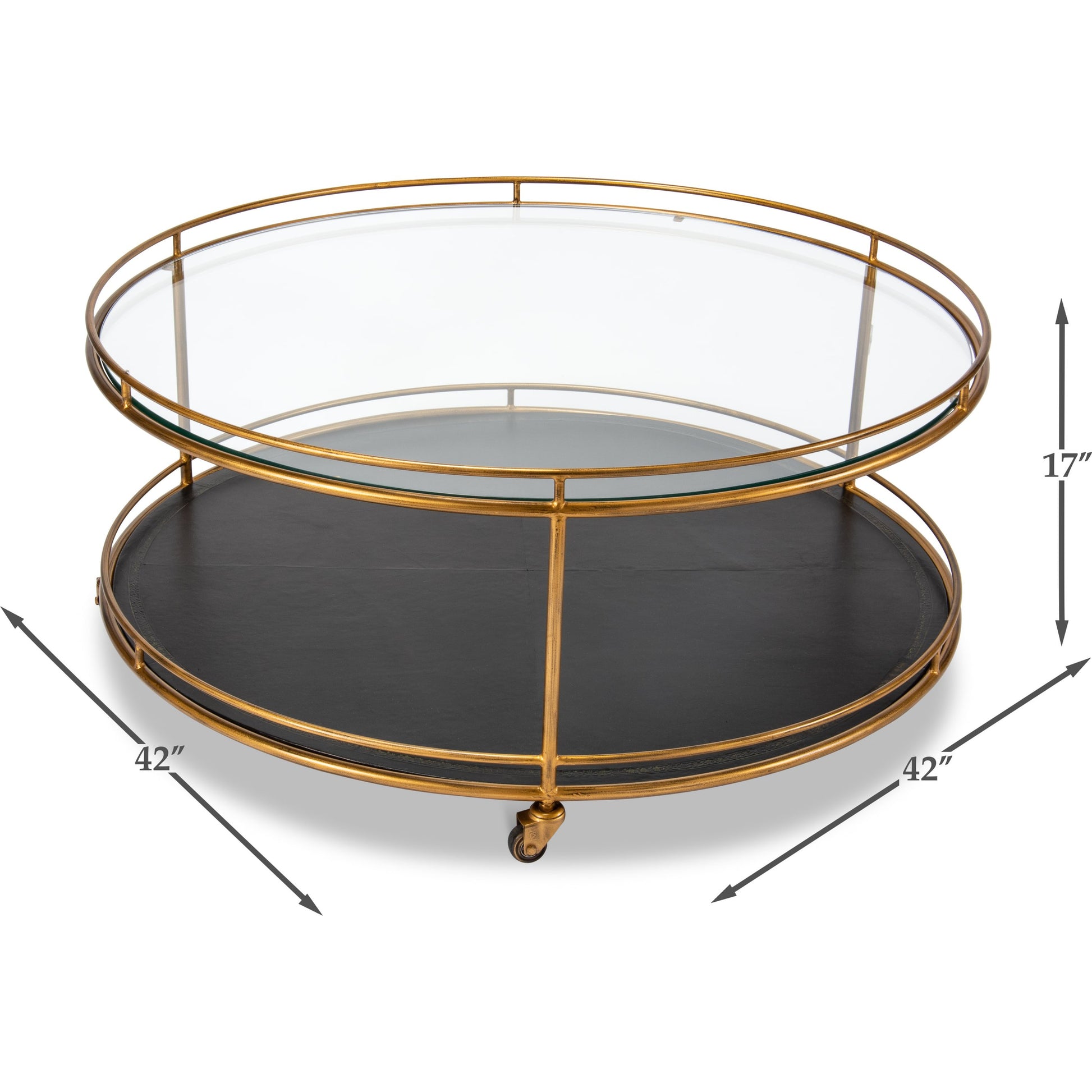 Trolley Cocktail Table by Sarreid Ltd. in gold and top shelf glass lower shelf leathr. Made from glass, metal in a transitional style.
