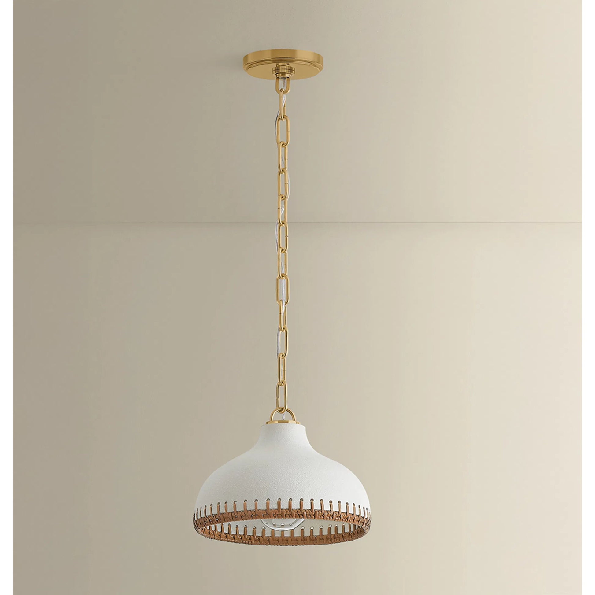 Southfields Pendant by Hudson Valley in aged brass, ceramic cream pebble. Made from ceramic in a unique style.