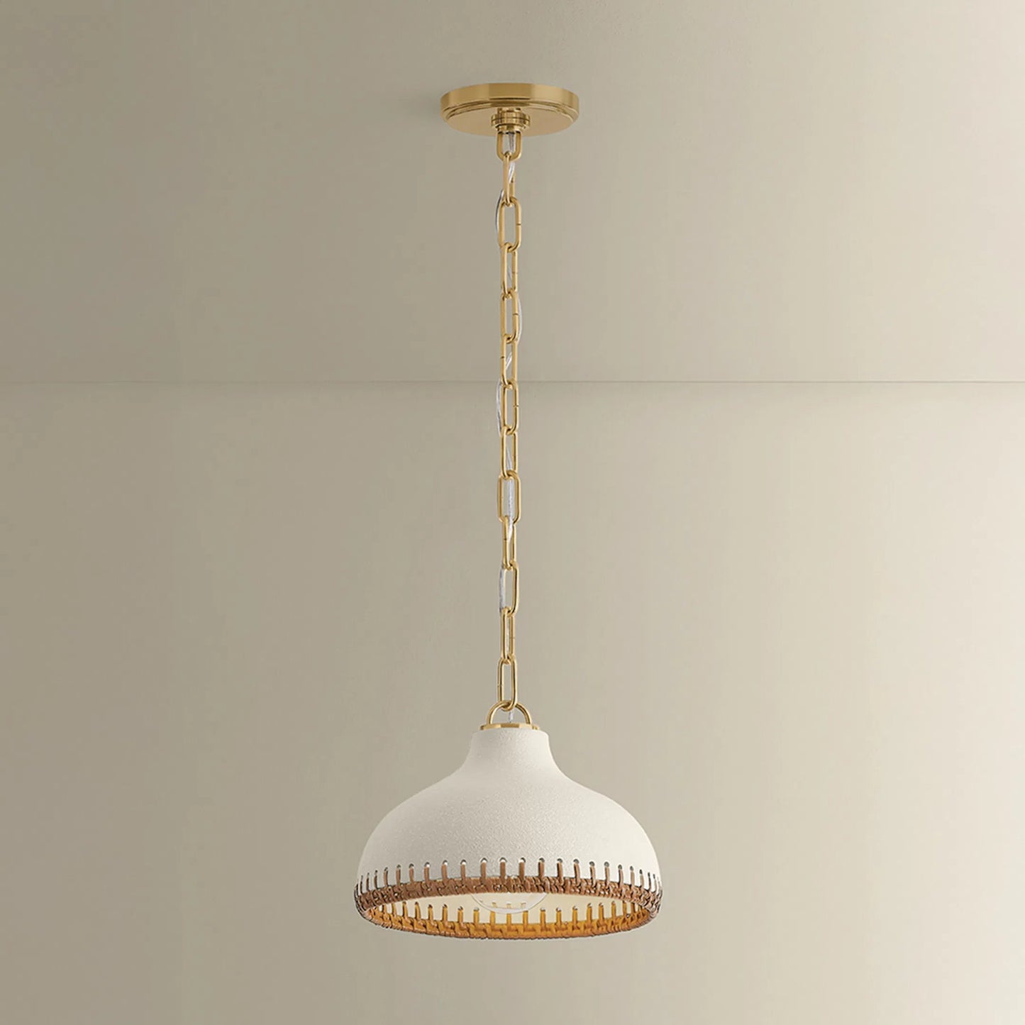 002 SI-2544267 | Unknown | Southfields Pendant by Hudson Valley in aged brass, ceramic cream pebble. Made from ceramic in a unique style.