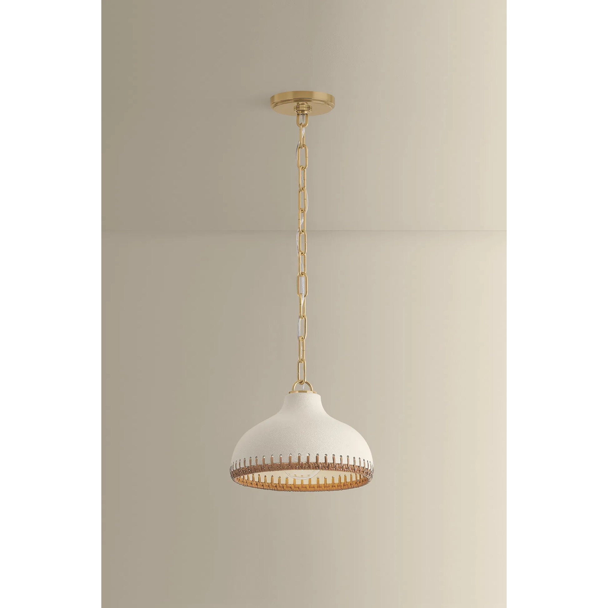 Southfields Pendant by Hudson Valley in aged brass, ceramic cream pebble. Made from ceramic in a unique style.