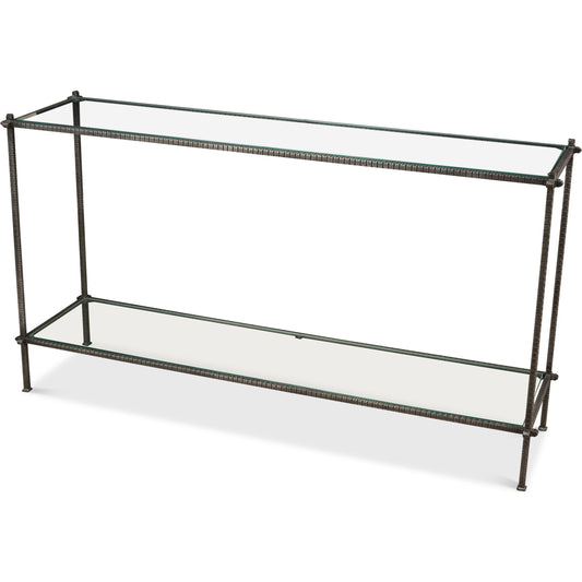Hand Chased Iron Console Tble by Sarreid Ltd. in black and hand wrought and incised. Made from iron in a transitional style.