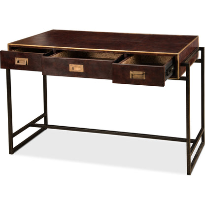 Old Brown Leather Desk by Sarreid Ltd. in brown and top is old brown leather. Made from leather, iron in a transitional style.