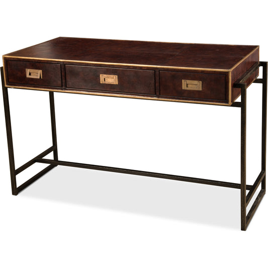 Old Brown Leather Desk by Sarreid Ltd. in brown and top is old brown leather. Made from leather, iron in a transitional style.