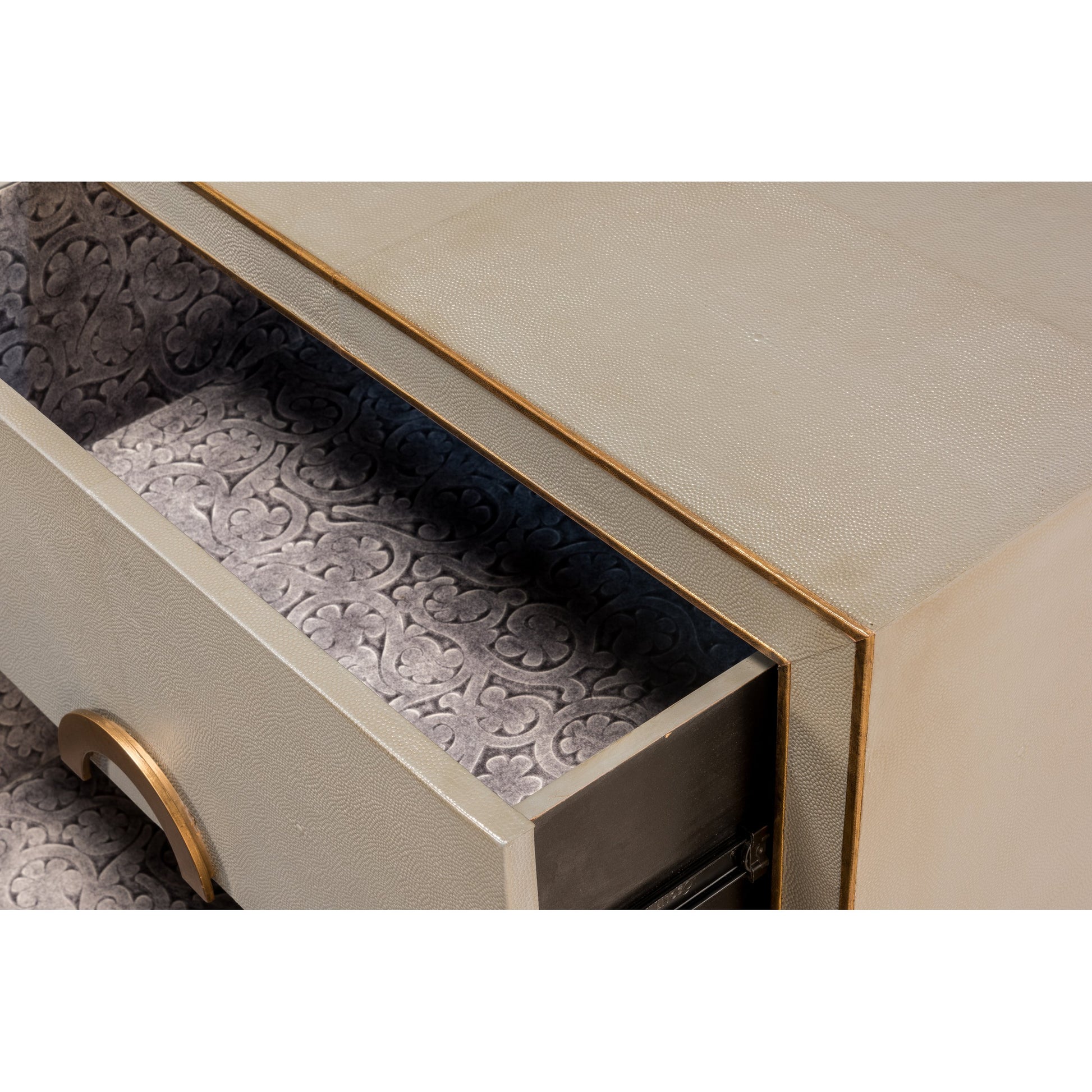 Leather Embossed Shagreen Night Stand by Sarreid Ltd. in gray and embossed shagreen leather grey. Made from mdf, leather in a cottage & farmhouse style.