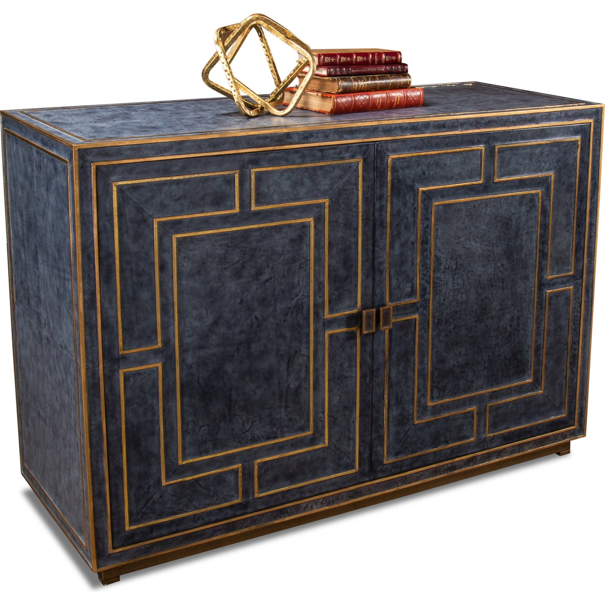 Bel Air Blue Leather Buffet by Sarreid Ltd. in black and riser base & interior nat.wood finish. Made from mdf, leather in a transitional style.