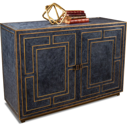 Bel Air Blue Leather Buffet by Sarreid Ltd. in black and riser base & interior nat.wood finish. Made from mdf, leather in a transitional style.