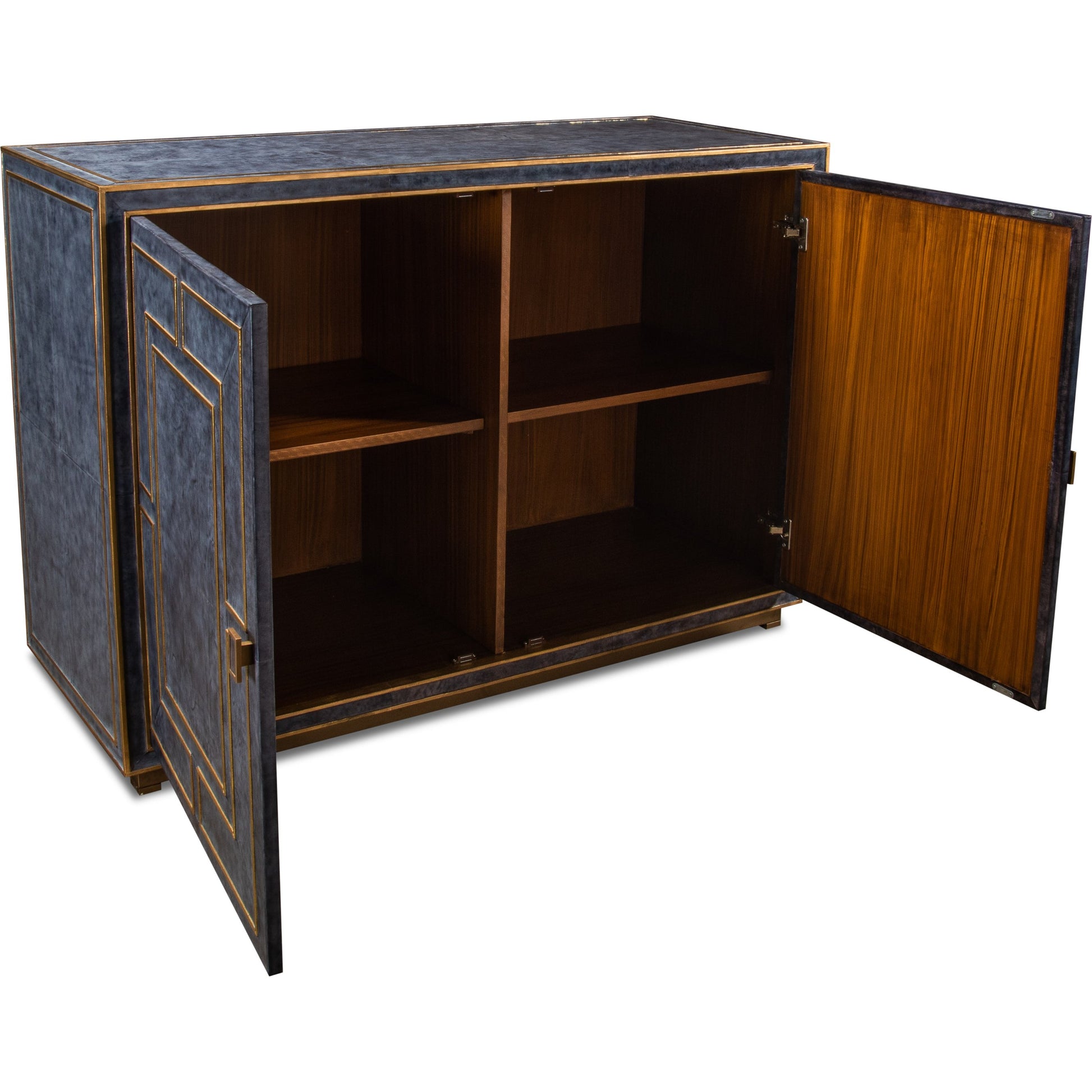 Bel Air Blue Leather Buffet by Sarreid Ltd. in black and riser base & interior nat.wood finish. Made from mdf, leather in a transitional style.