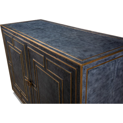 Bel Air Blue Leather Buffet by Sarreid Ltd. in black and riser base & interior nat.wood finish. Made from mdf, leather in a transitional style.