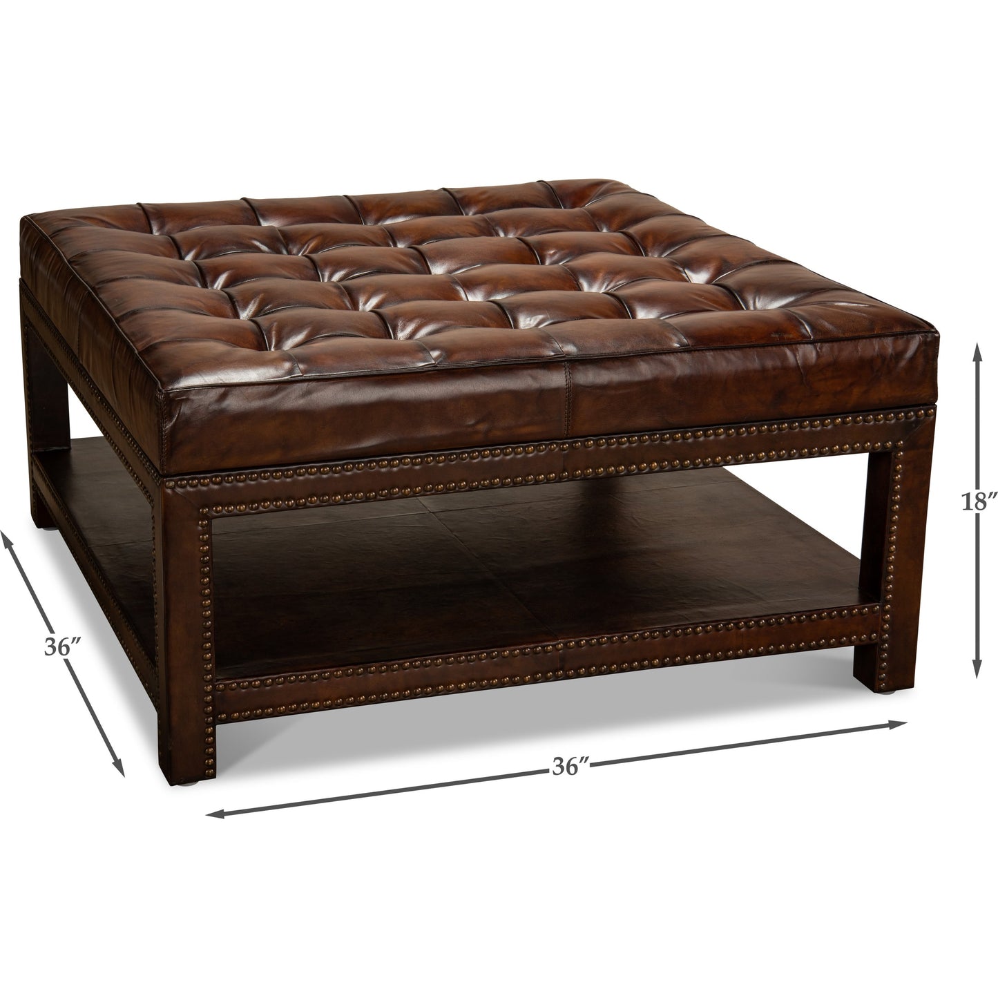 003 SR-858270 | Additional Silo | Vintage Tufted Ottoman by Sarreid Ltd. in black and old brown leather brass tacks. Made from hardwood, leather, brass in a rustic style.