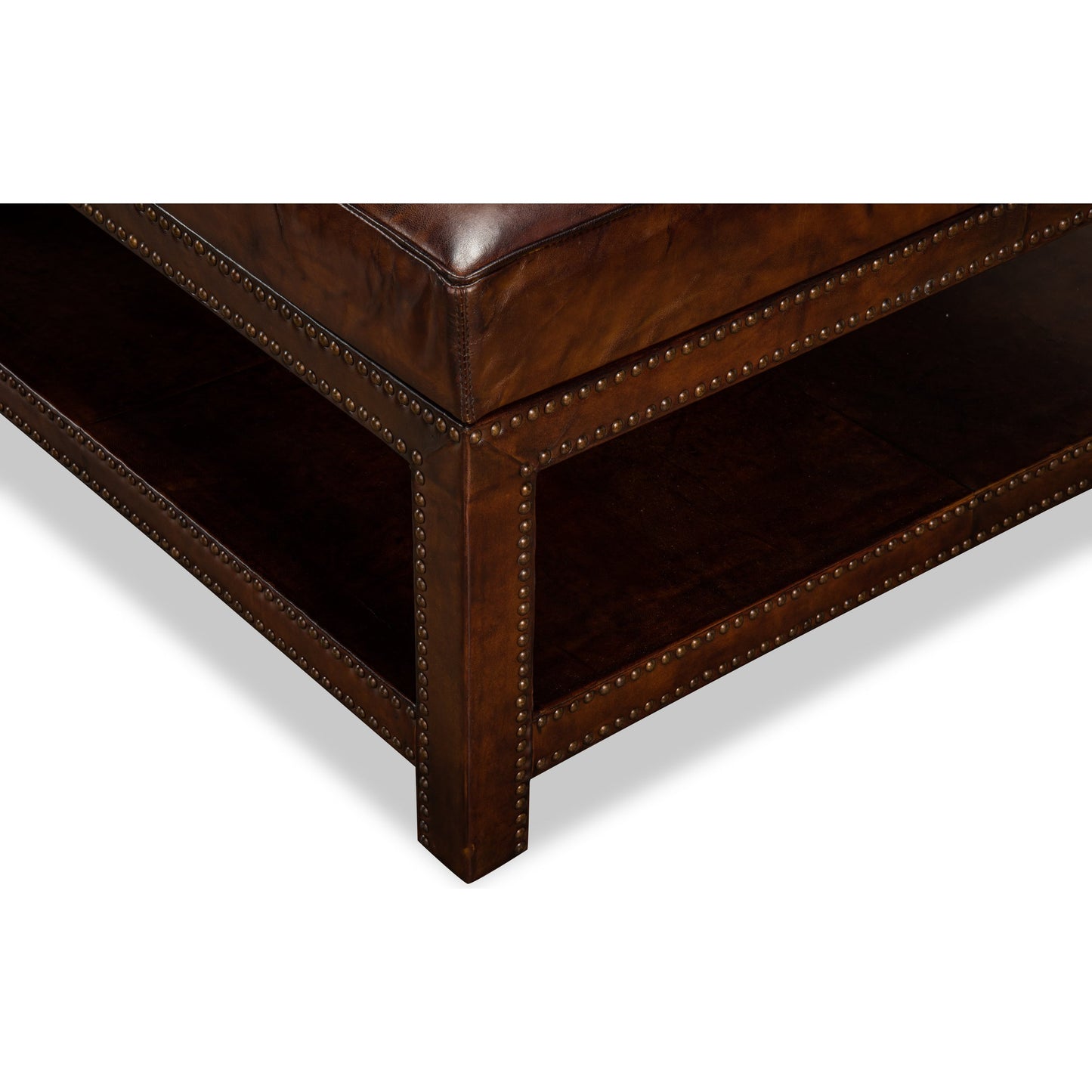 004 SR-858270 | Additional Silo | Vintage Tufted Ottoman by Sarreid Ltd. in black and old brown leather brass tacks. Made from hardwood, leather, brass in a rustic style.