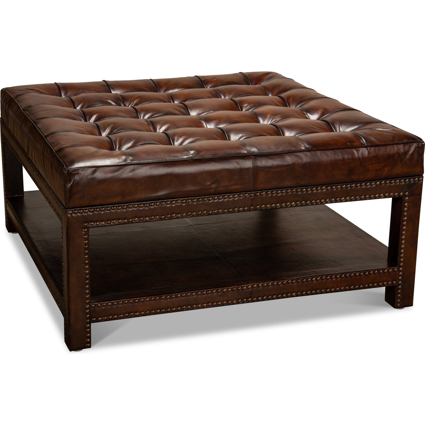 001 SR-858270 | Additional Silo | Vintage Tufted Ottoman by Sarreid Ltd. in black and old brown leather brass tacks. Made from hardwood, leather, brass in a rustic style.