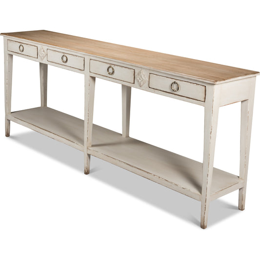 Provincial Hall Table by Sarreid Ltd. in white and cast iron teardrop pulls. Made from solid pine, iron in a cottage & farmhouse style.