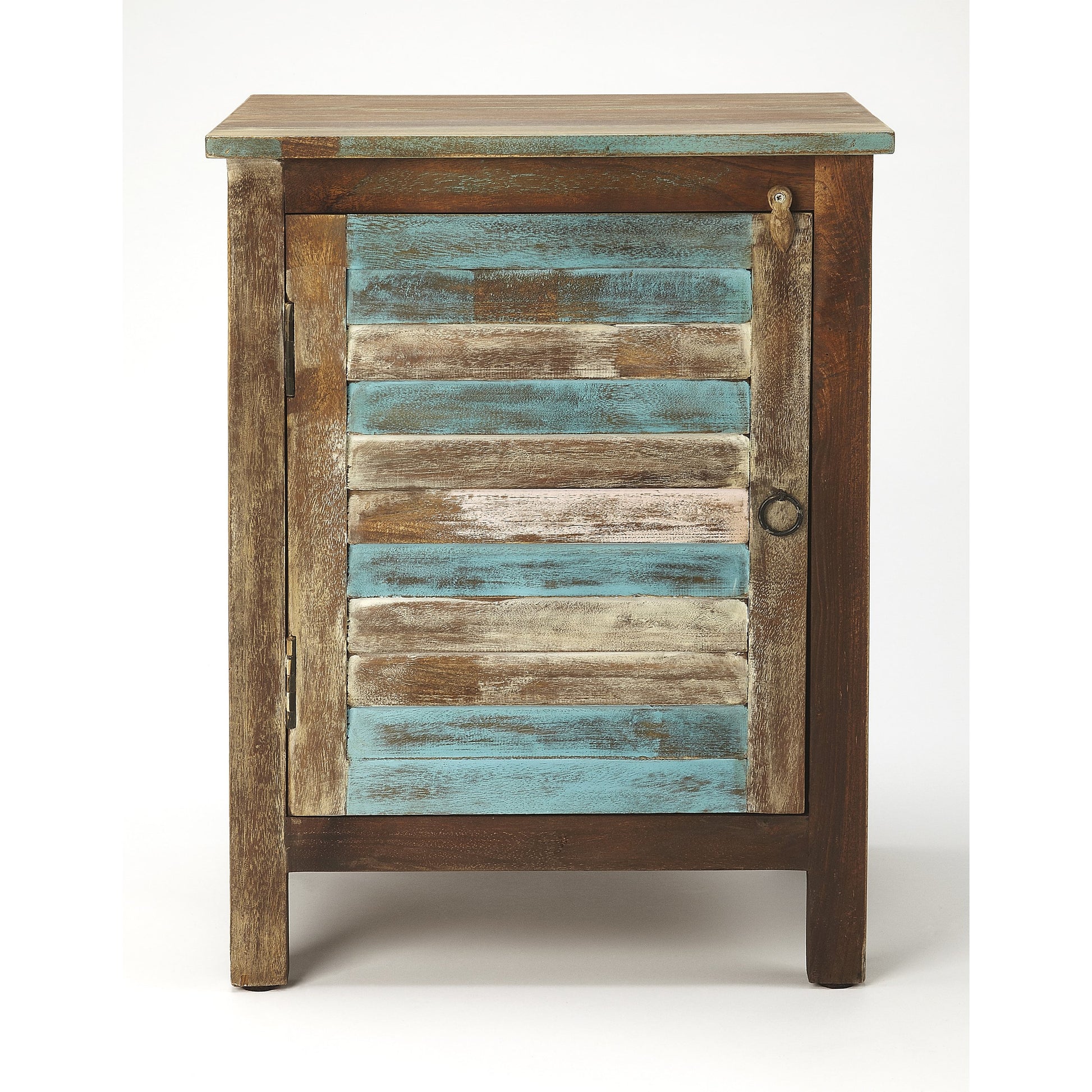 Rustic Shutter Painted Accent Cabinet by Butler Specialty Company in multi-color and artifacts. Made from mango wood solids, distressed iron finished hardware in a coastal style.