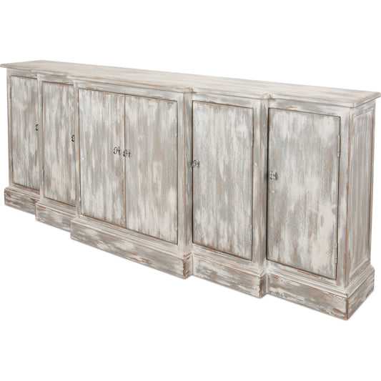 Waterfall Front Credenza by Sarreid Ltd. in gray and heavily distressed grey/white finish. Made from solid pine, iron in a cottage & farmhouse style.