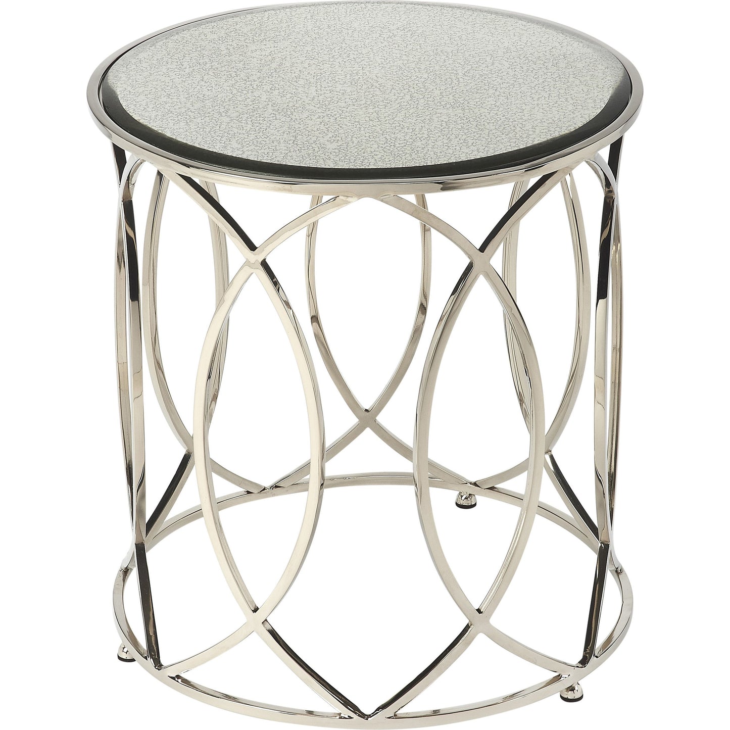 002 S-346191 | Closeup | Desiree End Table by Butler Specialty Company in silver and metalworks. Made from stainless steel, mdf, antique mirrored glass with beveled edge in a modern style.